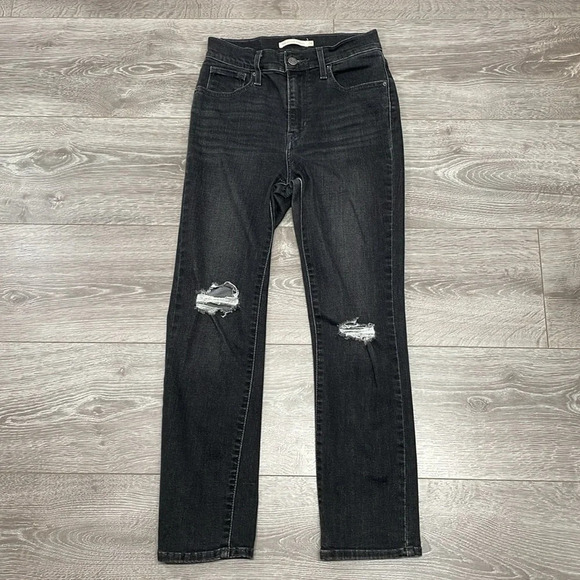 Levi’s 724 High Rise Straight Black Wash Denim Jeans Distressed Knees 26 - Picture 7 of 15